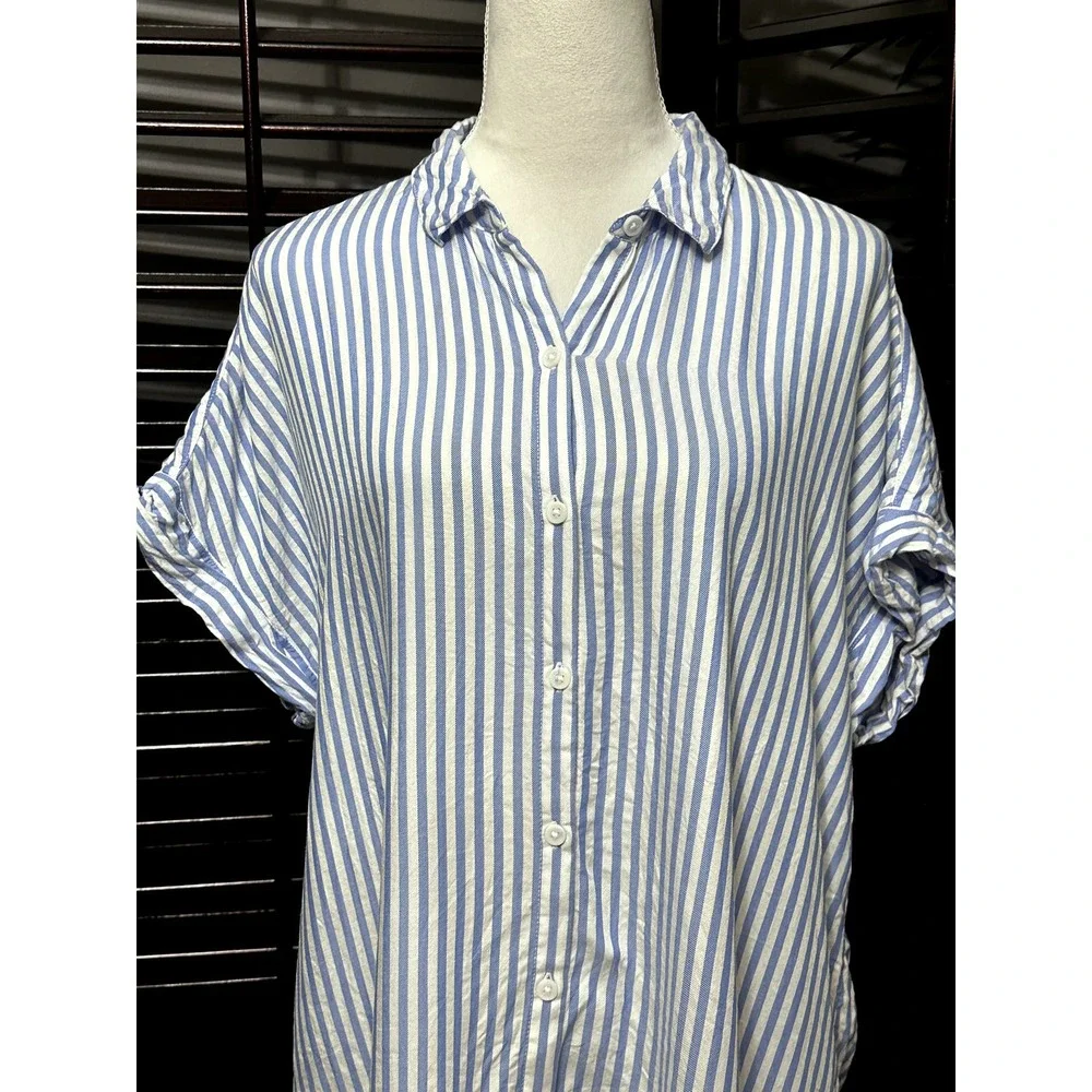 Beach Lunch Lounge Blue/White Stripped Button Down Cuffed Short Sleeves XL_3